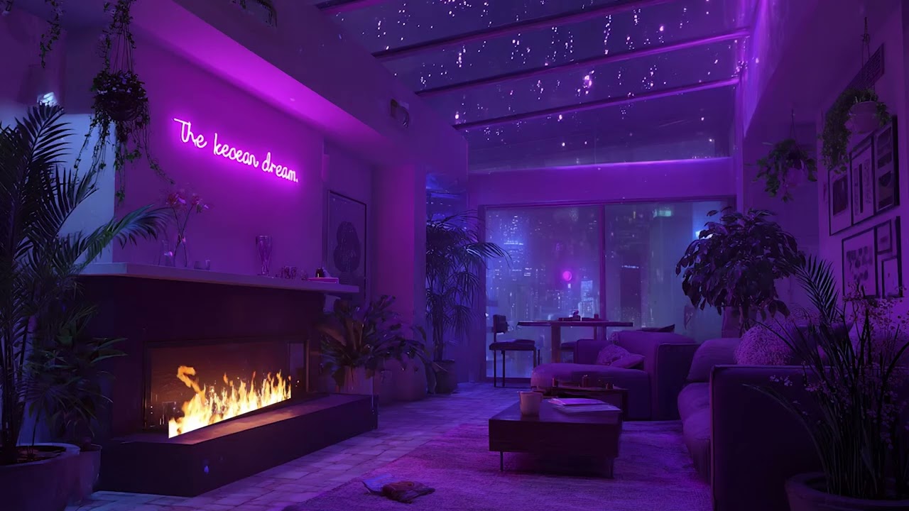 Purple Room Night Ambience 🎹 Soft Piano & Fireplace Sounds for Relaxation, Sleep & Focus