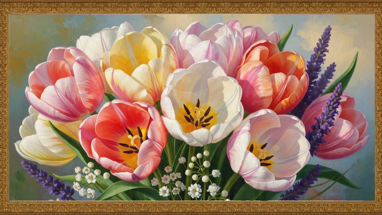 Dreamy Tulips in Gold Frame | 4K Samsung Frame TV Art 2025 | Spring Floral Screensaver Wallpaper