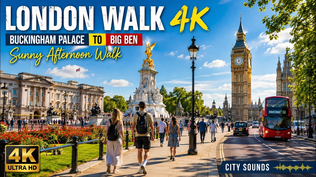 London Walk 4K: Sunny Afternoon Walk from Buckingham Palace to Big Ben | City Sounds