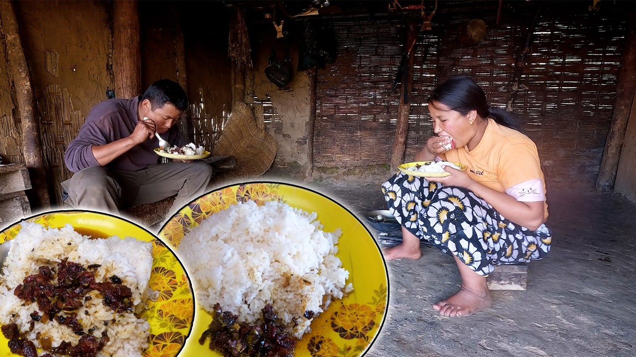 Buff dry meat curry & rice having husband & wife@pastorallifeofnepal