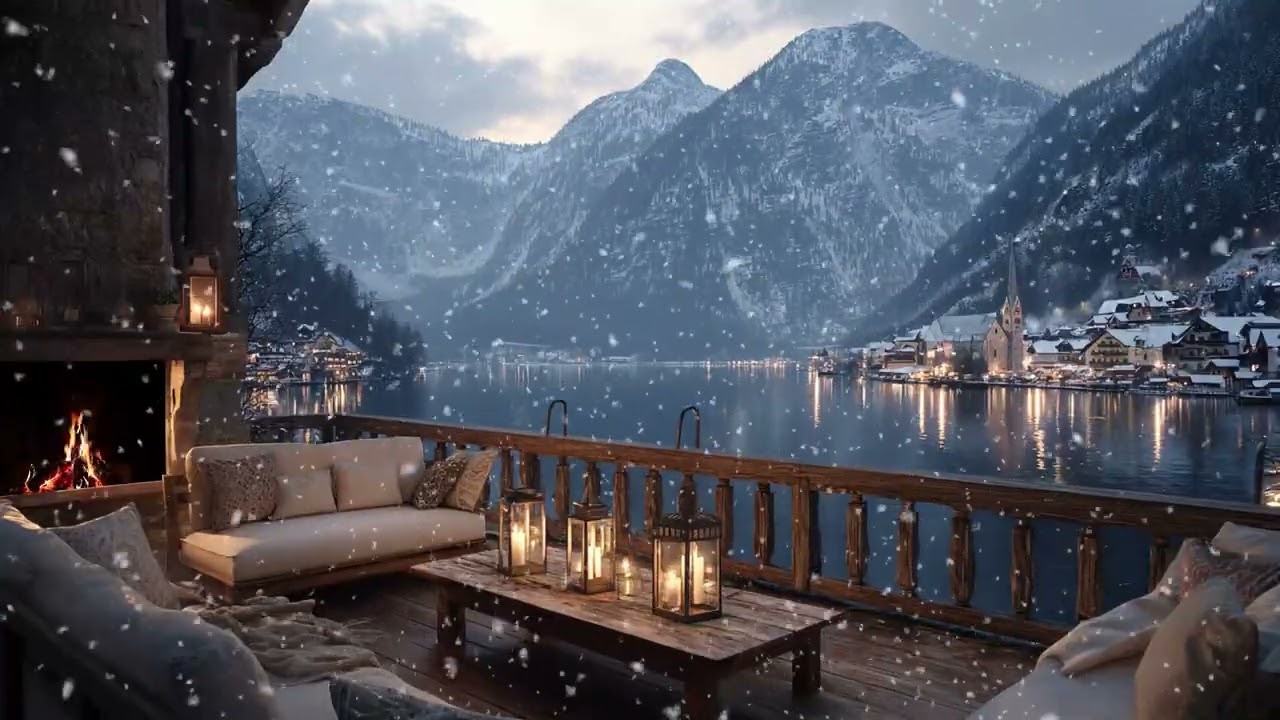 Soft Piano Under Snowy Skies With Fireplace Ambience For Cozy Winter Night Rest