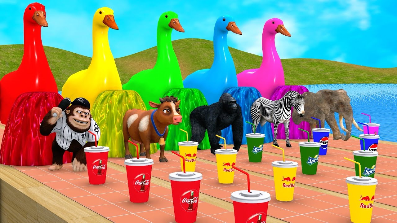 5 Giant Duck Cartoon, Cow, Giraffe, Elephant, Lion, Paint Wild Animals Crossing Fountain Animal Game