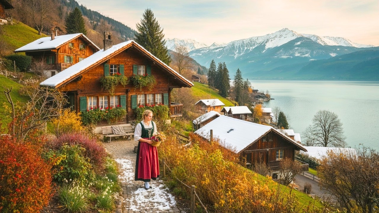 Spiez &ndash; Snowy Peaceful Swiss Village Walk with Natural Sounds