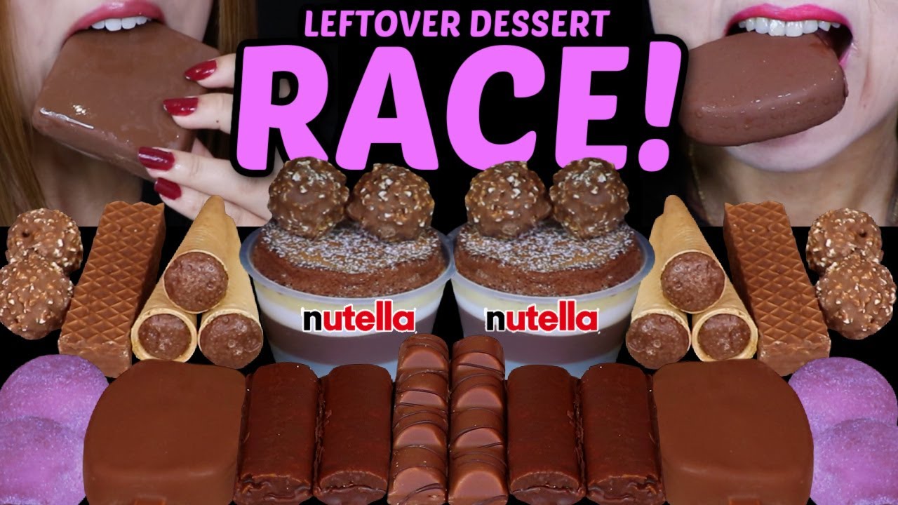 ASMR LEFTOVER DESSERT RACE! CHOCOLATE SOUFFLE, DOVE ICE CREAM, PURPLE MOCHI, CHOCO CONES, FERRERO 먹방