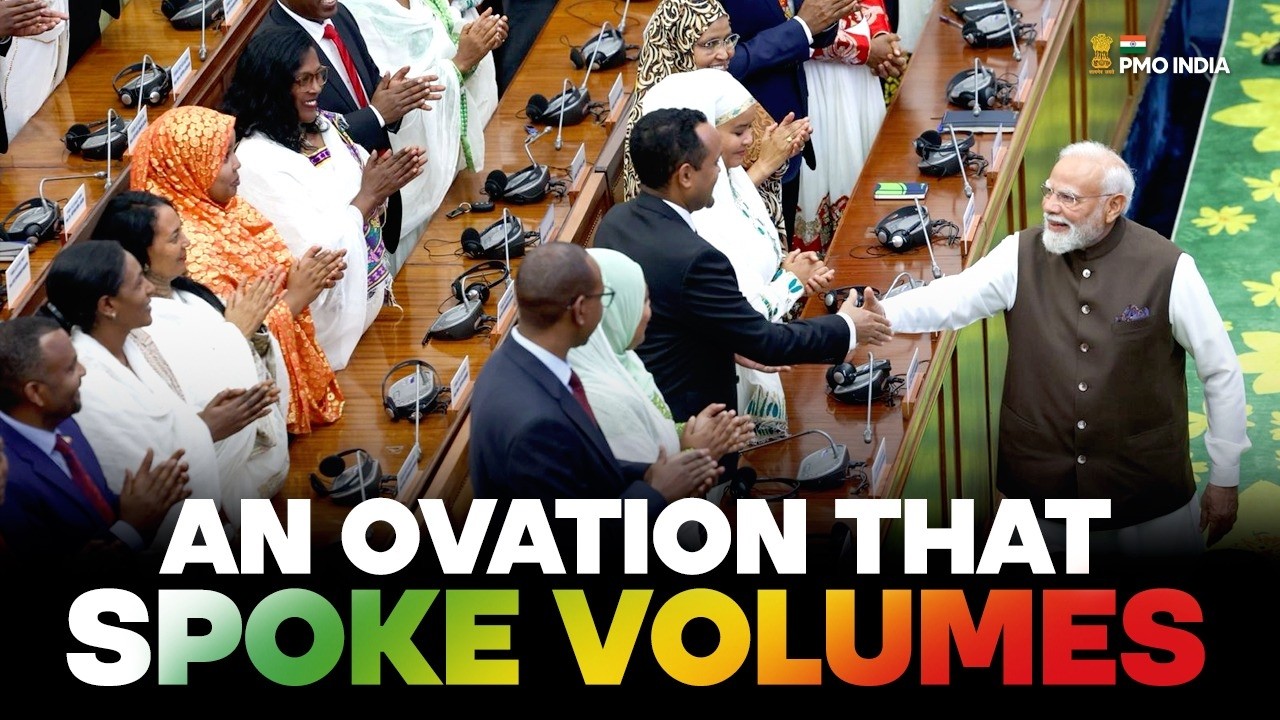 PM Narendra Modi receives a standing ovation after addressing the Ethiopian Parliament