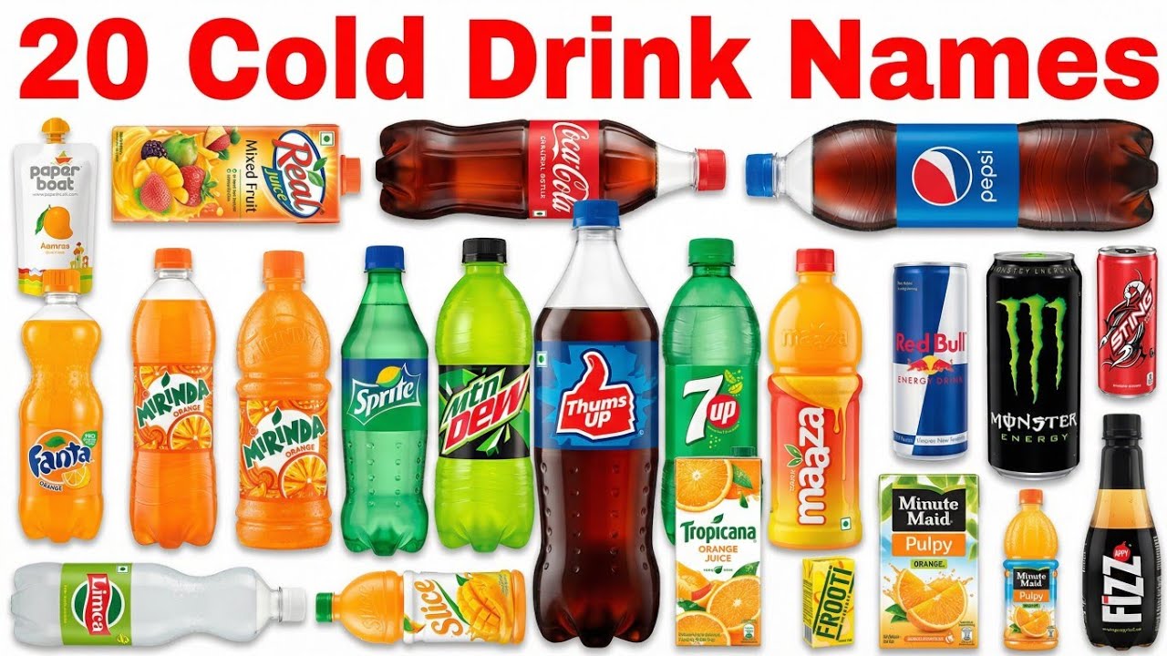 learn 10-10 Cold Drink Names for Kids | Learn Drink Names in English Coca Cola, Pepsi, Sprite | Cold