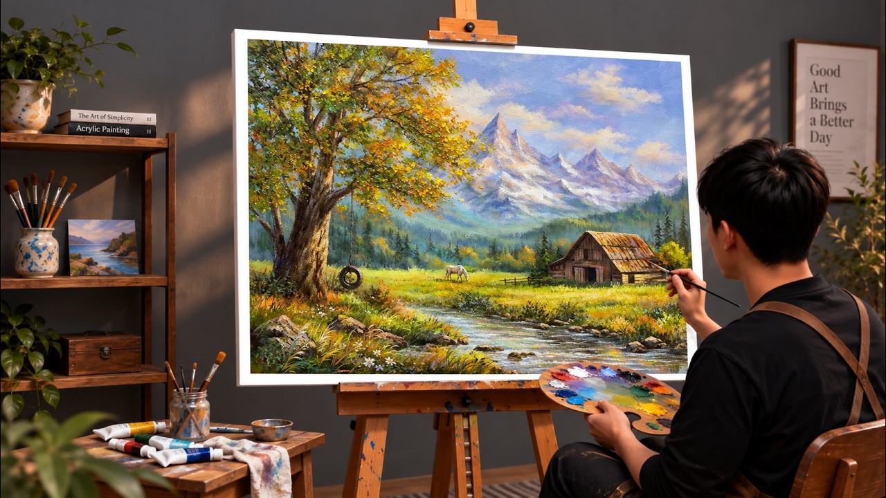 3 HOURS Acrylic Painting Full Step by Step &ndash; Beautiful Autumn Mountain Landscape