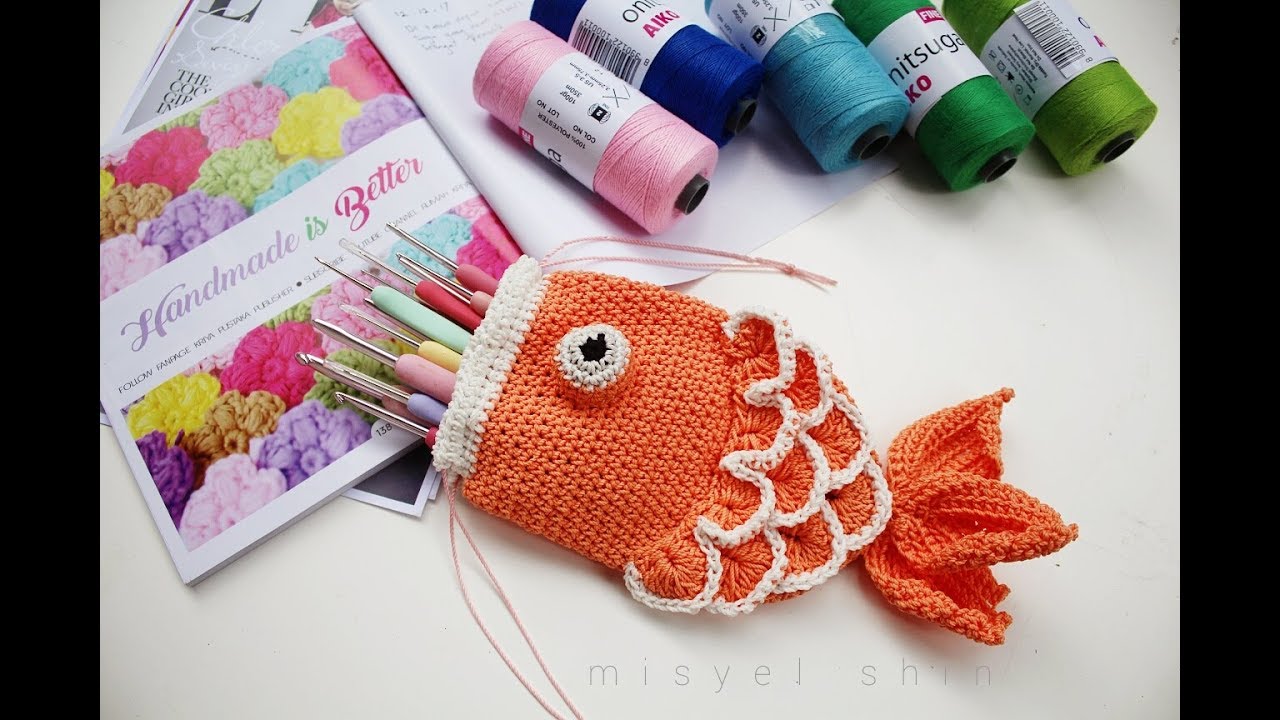 DIY drawstring fish pouch crochet