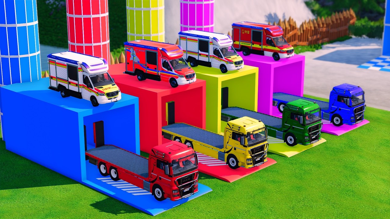 TRANSPORTING BUS, POLICE CARS, DUMP TRUCK, BOX TRUCK, FIRE TRUCK WITH SCANIA TRUCK - FS22 #11