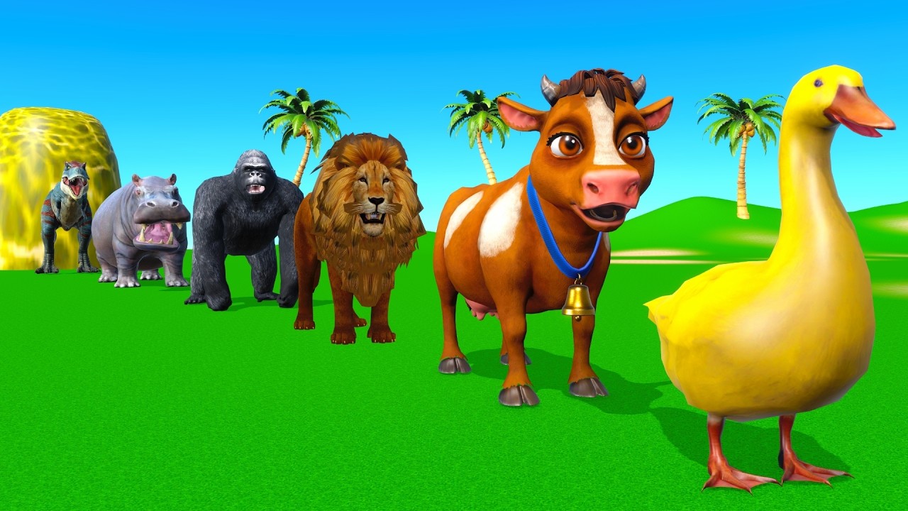 Long Slide Game With Elephant Gorilla Buffalo Hippopotamus Tiger - 3d Animal Game Funny 3d Animals