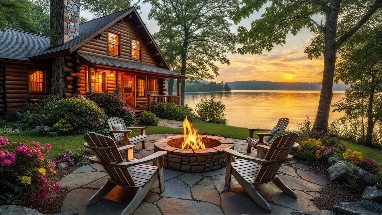 Cozy Lakeside Sunset 🌅🏡 | Birds Chirping, Calm Lake & Campfire Sounds for Relaxation