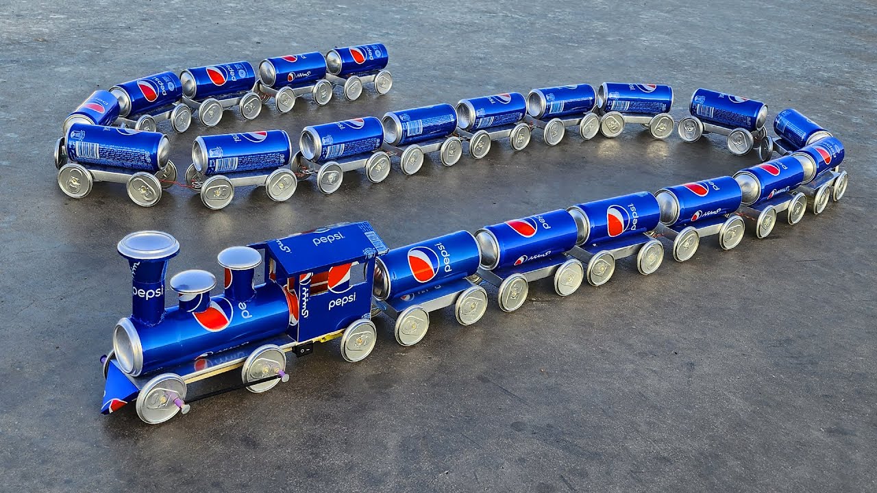 largest toy train in the world - with 20 car - DIY from pepsi cans