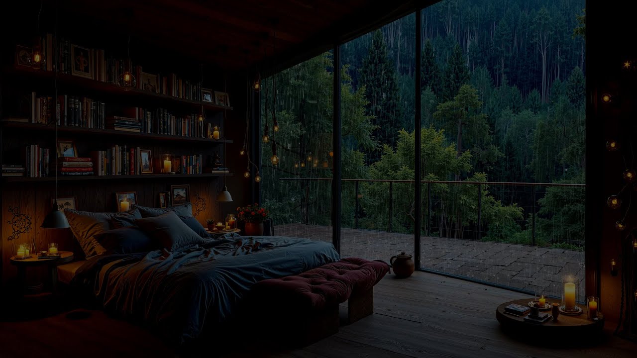 Rainfall by the Forest Cabin | Gentle Rain Sounds for Deep Sleep | Thunderstorm & Continuous Rain
