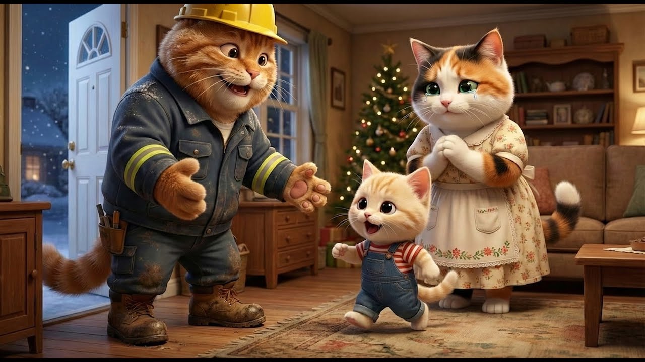 Christmas reunion: Father cat returns to mother cat and cute kitten