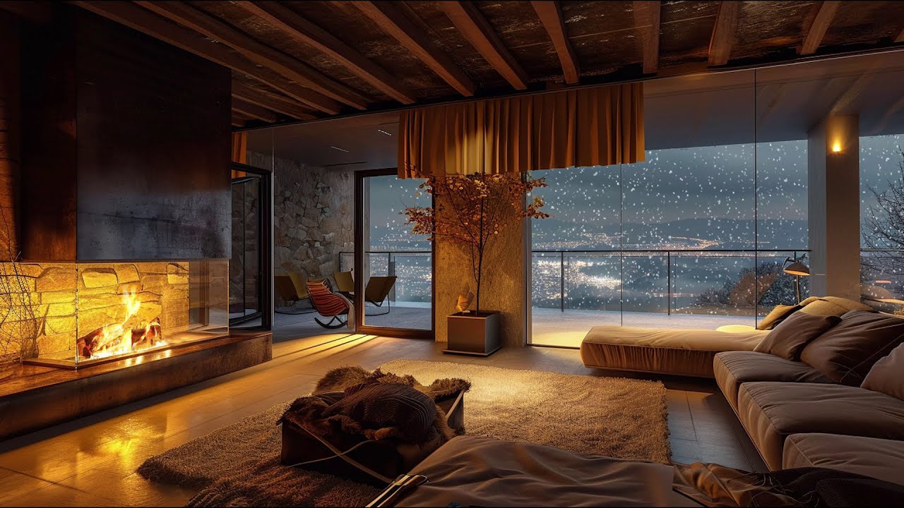 Enjoy The Cozy Winter Room Ambience With Crackling Fireplace and Snowfall Outside