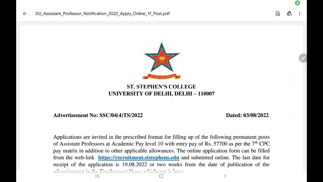 Assistant Professor Permanent Vacancy - ST. STEPHEN&rsquo;S COLLEGEUNIVERSITY OF DELHI, DELHI