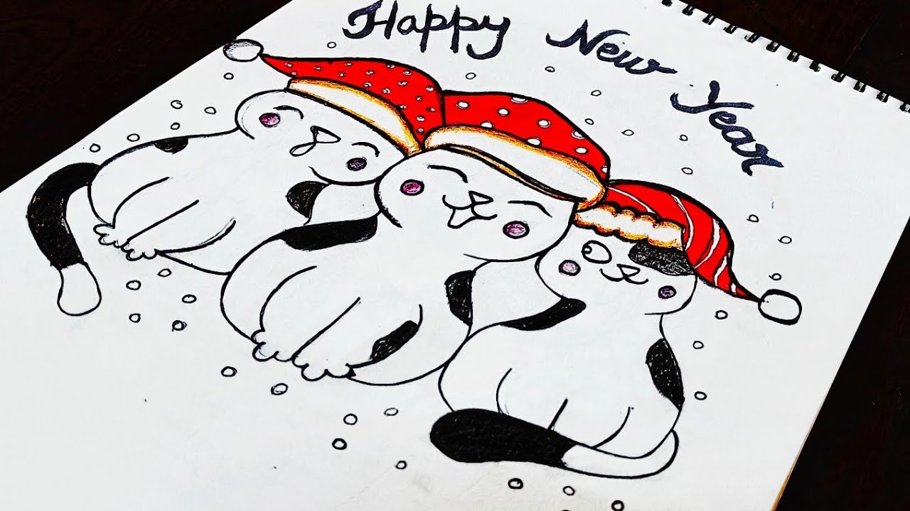 New Year Cat Drawing 🎉 | Easy & Cute New Year Drawing Step by Step for Beginners