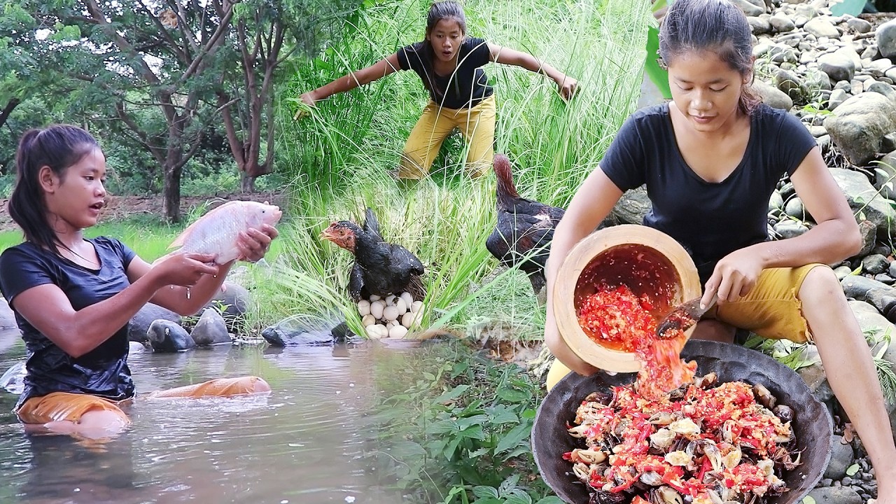Survival skills: Crabs hot chili sauce cooking for jungle food, Catch and cook fish for jungle food