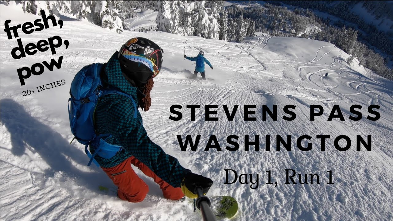 Stevens Pass Snowboarding l 7th Heaven to Rock Garden to Little Tree l Epic Pow Day 1 Run 1