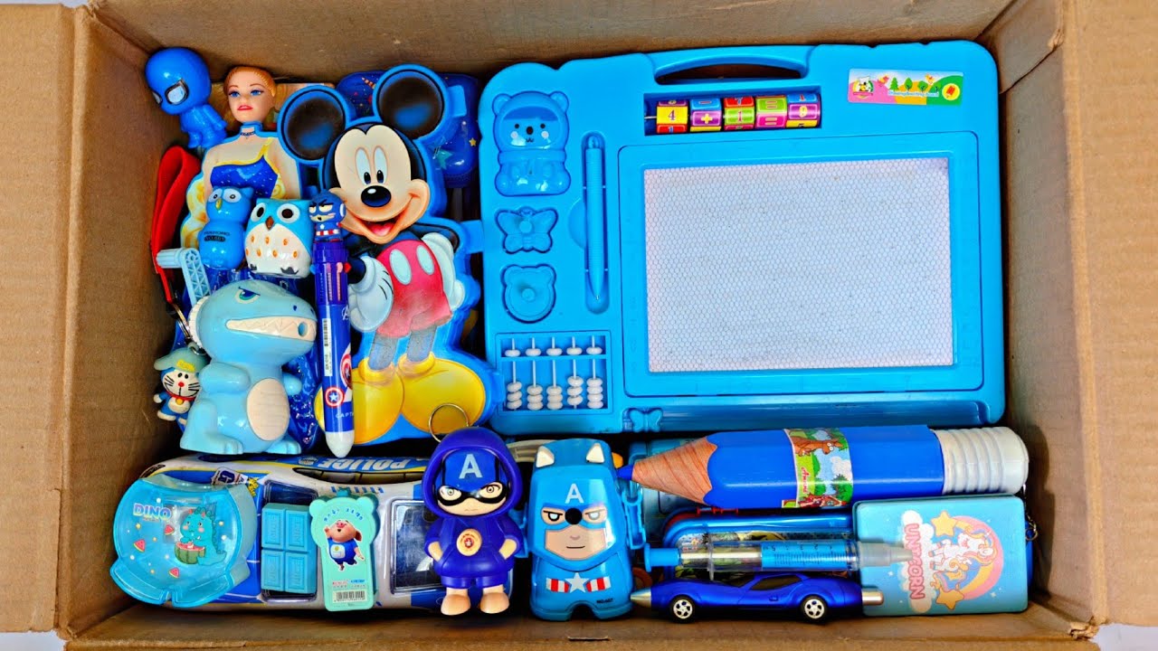 Unboxing Blue Stationery Collection, Pencil Box Collection, pens, pencil, calculator, toy collection