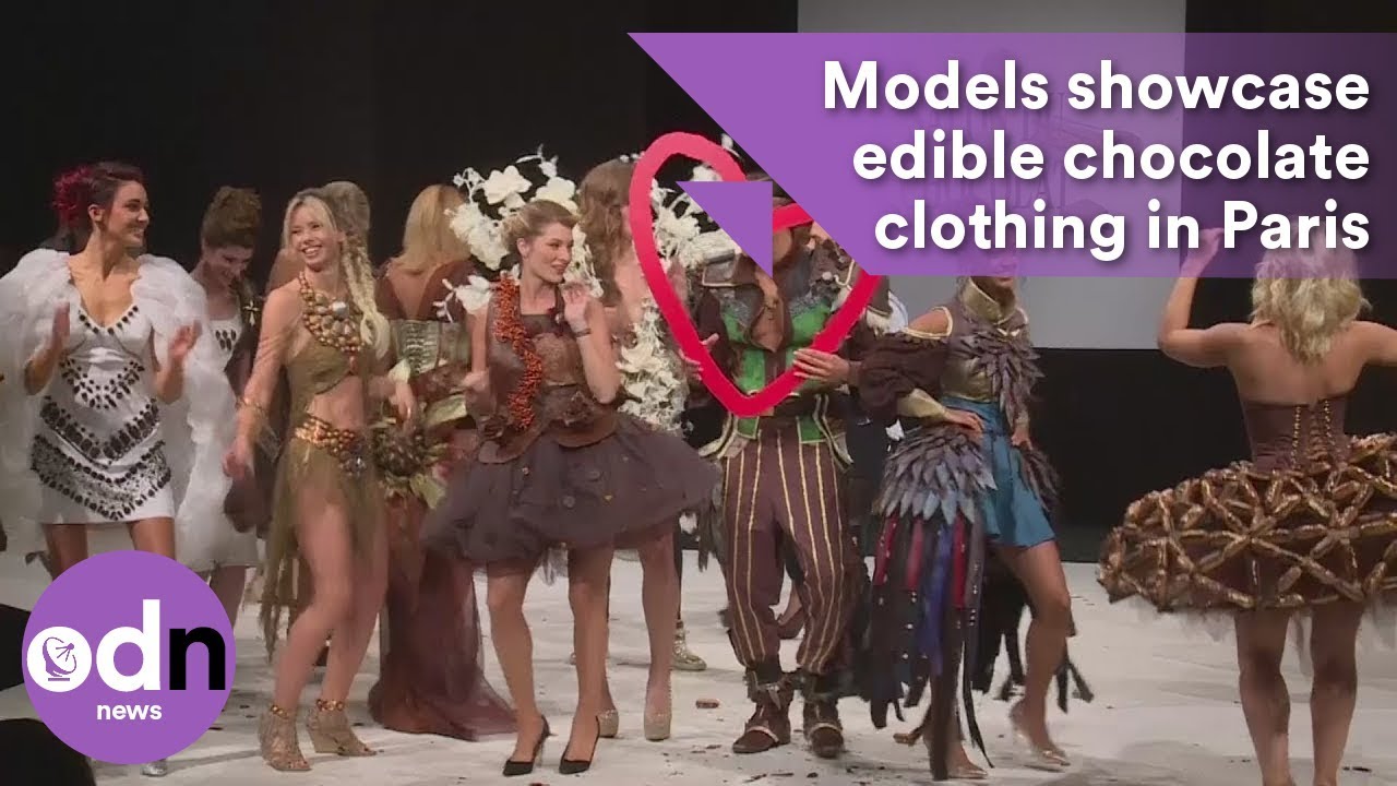 Models showcase edible chocolate clothing in Paris