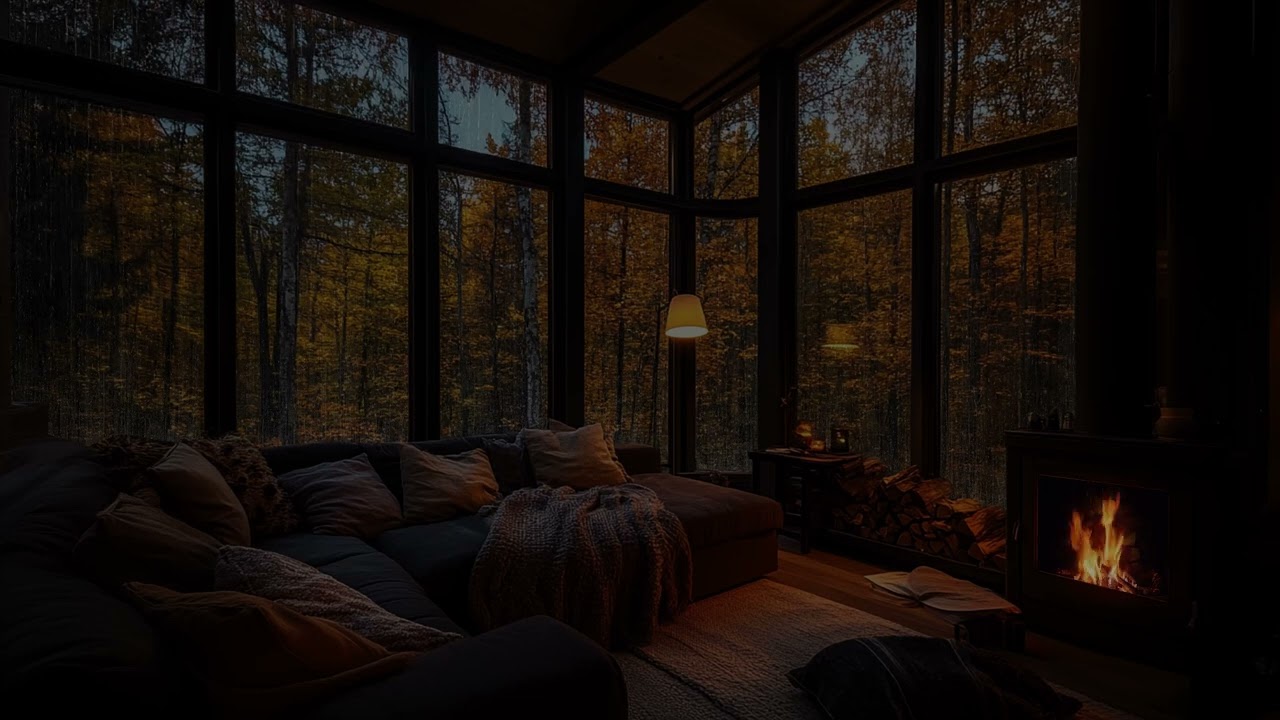 🌧️ Rain Falling Like a Whisper Through the Glass as the Hearth Glows Softly Behind You