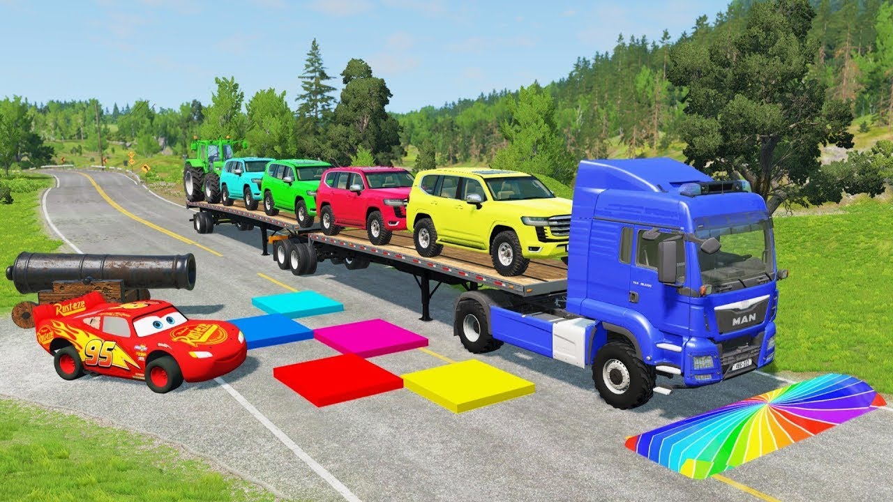 TRANSPORTING PIXAR CARS & FRUITS WITH COLORED & JOHN DEERE vs CLAAS vs TRACTORS - Beam NG drive #84