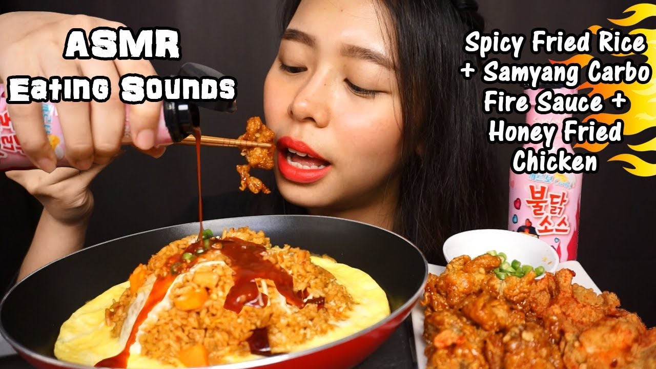 ASMR Carbo Fire Sauce Volcano Fried Rice + Honey Fried Chicken | Crunchy Eating Sounds | No Talking