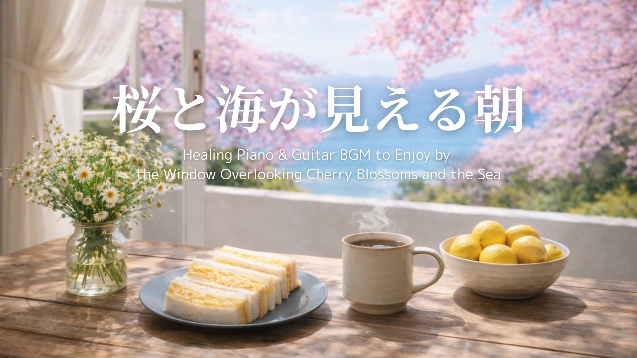 【リラックスBGM】静かな春の朝時間｜桜と海を眺めながら聴くピアノとアコースティックギター音楽｜癒し・ヒーリング・calming・cozy｜作業用・読書用・勉強用・おうち時間