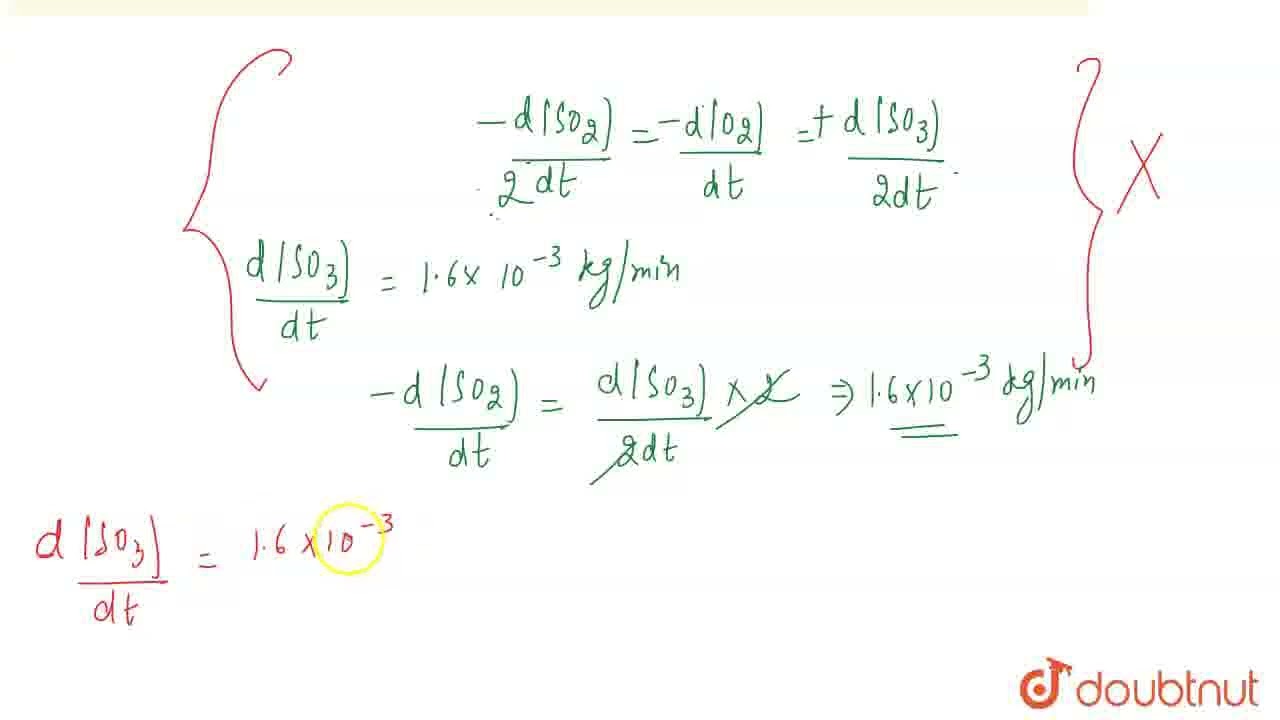 Rate of formation of SO_3 according to the reaction 2SO_2+O_2=2SO_3 is 1.6×10 -3 kg/min. Hence r...