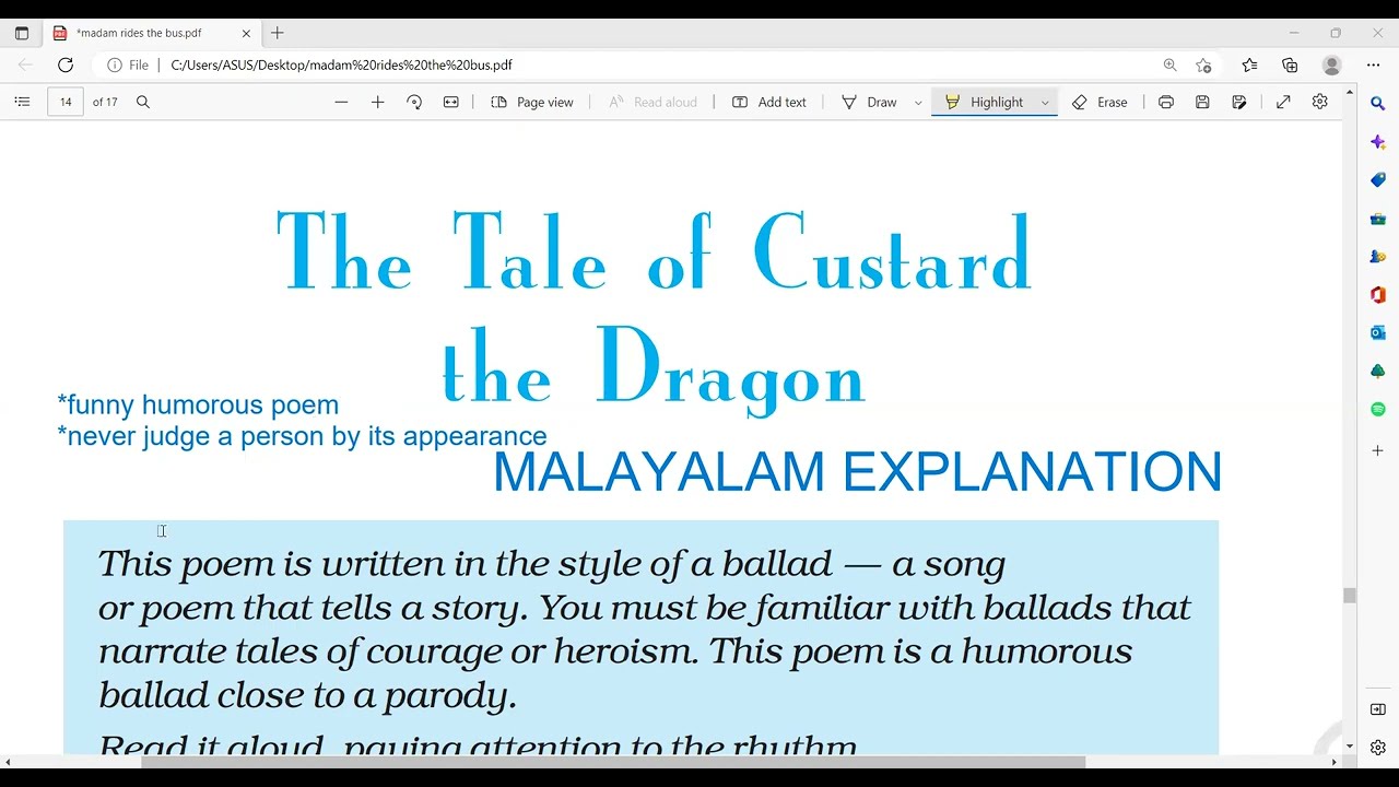 THE TALE OF CUSTARD THE DRAGON POEM/MALAYALAM EXPLANATION/NCERT CLASS 10 ENGLISH POEM/OGDEN NASH
