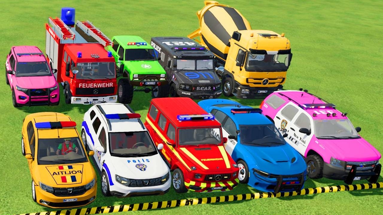 TRANSPORTING POLICE CARS, AMBULANCE, FIRE TRUCK, COLORFUL CARS WITH TRUCK  -FARMING SIMULATOR 22!