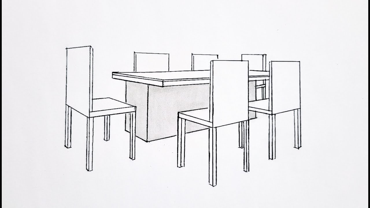 How to draw a dining room sets in two point perspective, step by step