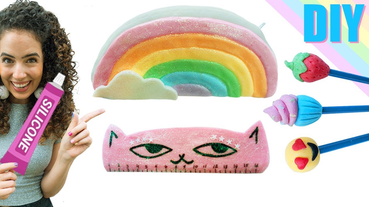 DIY MATERIAL ESCOLAR DE SILICONE: ESTOJO ARCO ÍRIS, BORRACHA  & RÉGUA | Paula Stephânia