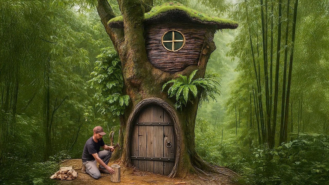 Alone in the Forest: Building a Hidden Shelter INSIDE a GIANT Hollow Tree