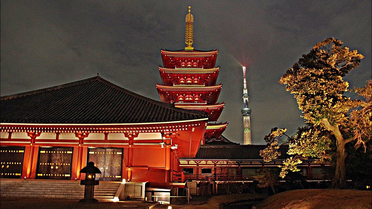 浅草寺　五重塔　ライトアップ　2025年12月3日　ASAKUSA CULTURE & LIGHTS 2025　★　浅草カルチャー&ライツ2025　プロジェクションマッピング　浅草　東京スカイツリー
