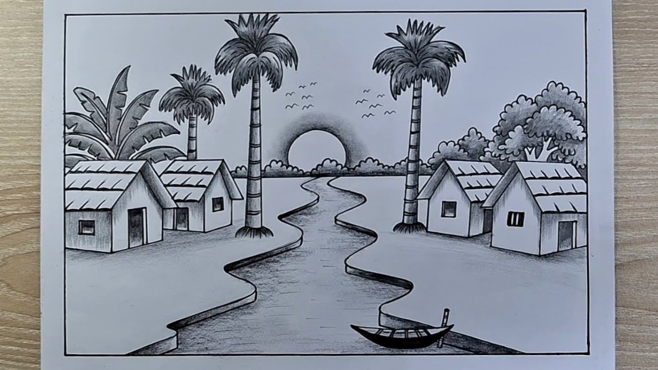 Easy Landscape Drawing || How to Draw Sunset Village Scenery with Pencil Sketch Step by Step