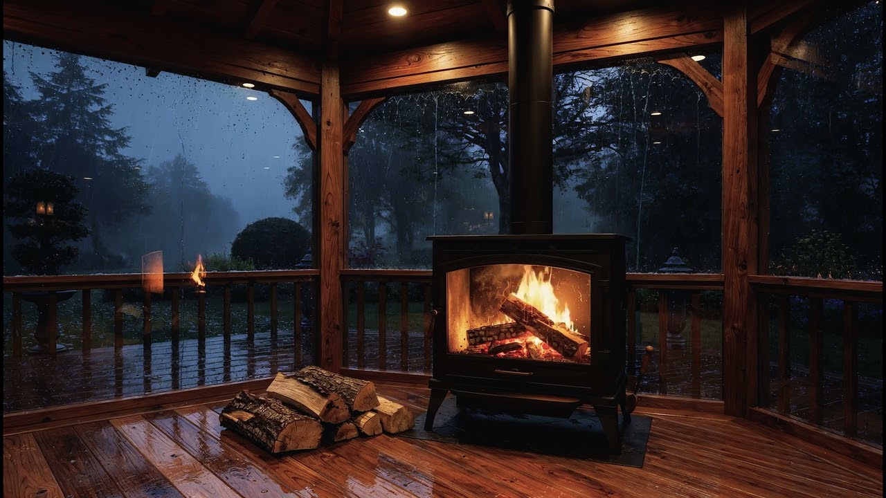 Rainy Night Cabin Ambience 4K (4 Hours) | Fireplace & Heavy Rain Sounds for Sleep 🌧️