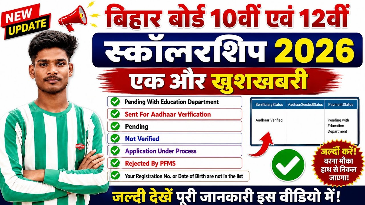 Bihar Board 10th 12th Scholarship 2026 New Update | Pending Status, Aadhaar Verify, Payment Latest
