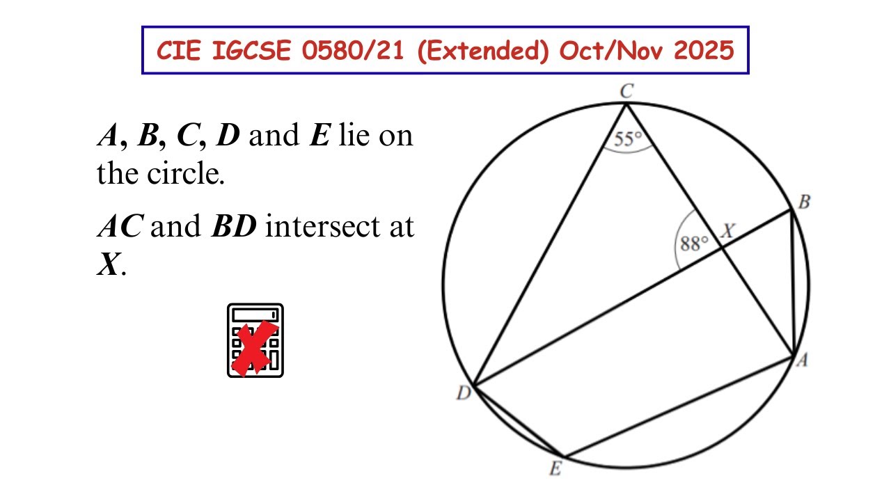A, B, C, D and E lie on the circle. AC and BD intersect at X. Angle ACD = 55° and angle CXD = 88°.