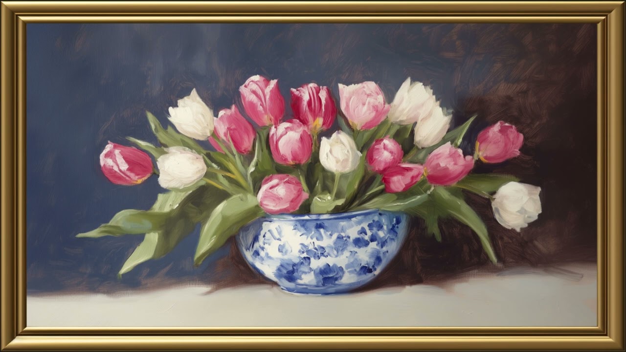 Vintage Tulips in Delf Bowl Painting | Gold Frame TV Art | Art Screensaver for TV 2 Hrs