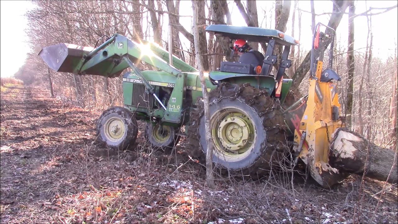John Deere 2750 Farm Tractor Skidding  & Uniforest 65H With Remote. Harbor Freight Snatch Blocks.