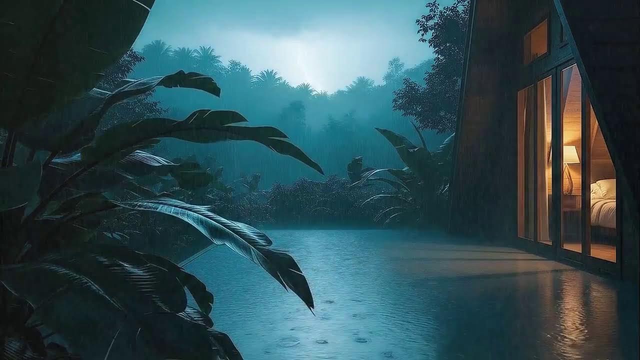 Rainy Jungle Cabin with Sky Drums Thunder for Faster Sleep 🌧️