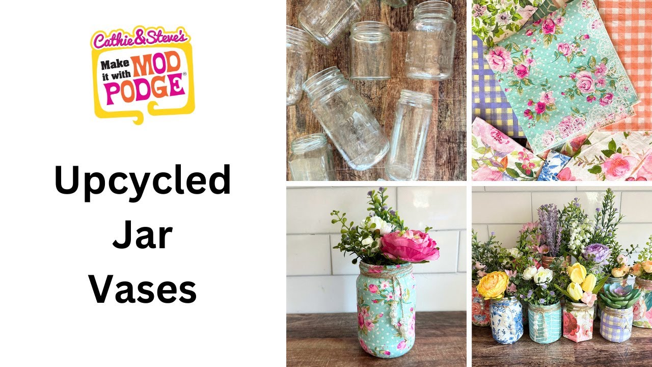 Floral Upcycled Jar Centerpieces with Napkin Decoupage
