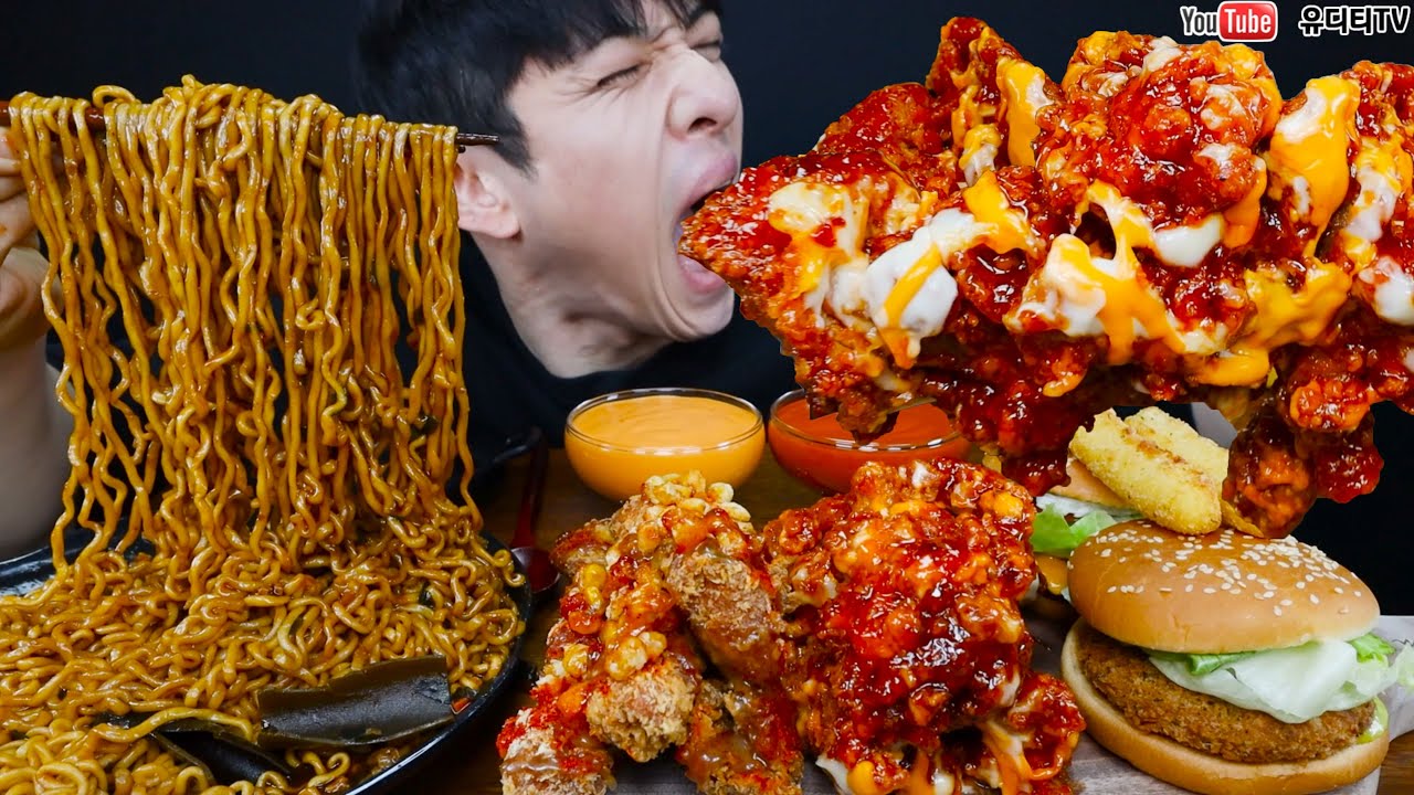 ASMR 짜파구리 & 핫치즈빅싸이치킨 & 칠리콘와우치킨 & 새우버거 & 불고기버거 & 치즈스틱 SPICY BLACK BEAN NOODLES & CHICKEN MUKBANG
