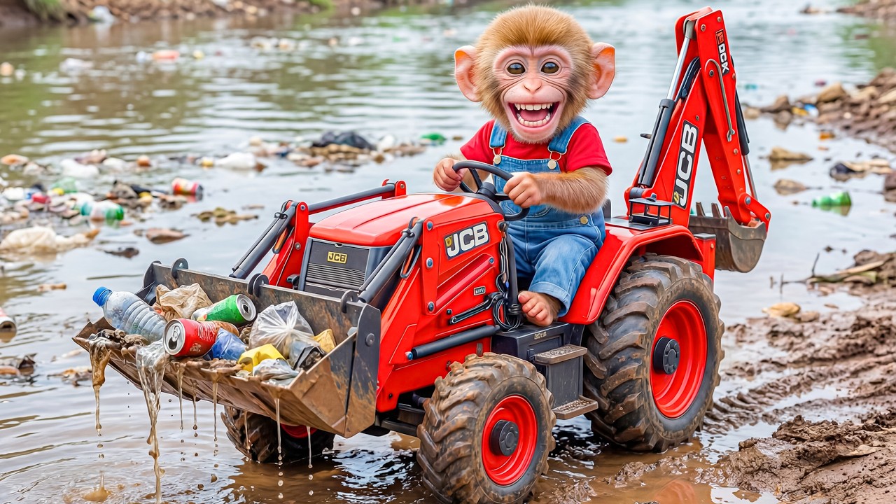 🐒🚜 Monkey Nana Uses a JCB Excavator to Clean a Deep Pond on the Farm! 🌊🗑️
