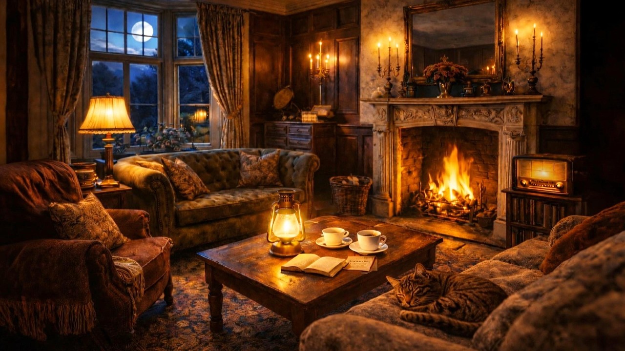 1940s Soft Jazz in a Manor House Parlour | Moonlit Fireplace & Cozy Night Ambience
