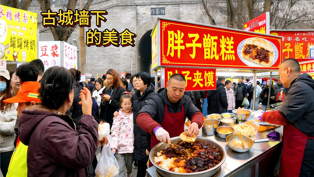 中國西安｜「小南門早市」古城墻下的早餐江湖，碳水腦袋的集體狂歡，宮廷牛肉餅、金線油塔、肘子夾饃，太絕了！