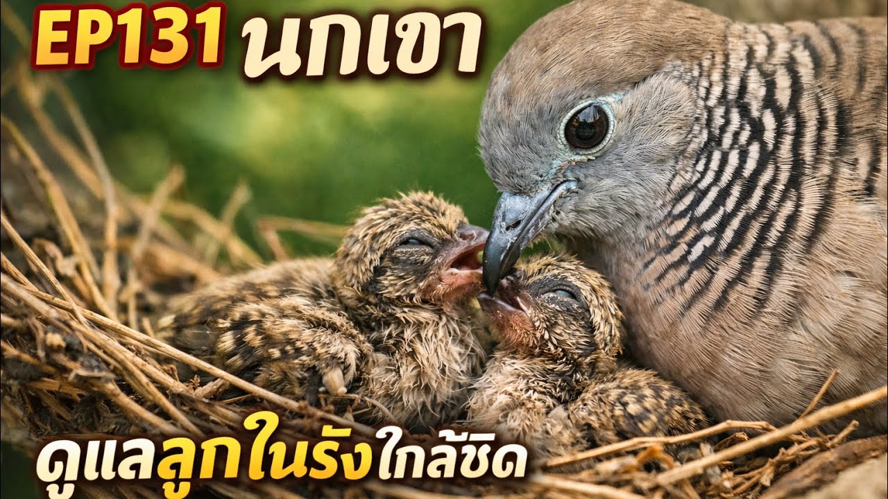 EP131 นกเขา This close-up footage captures the intimate moments of a Zebra Dove tending to its nest.