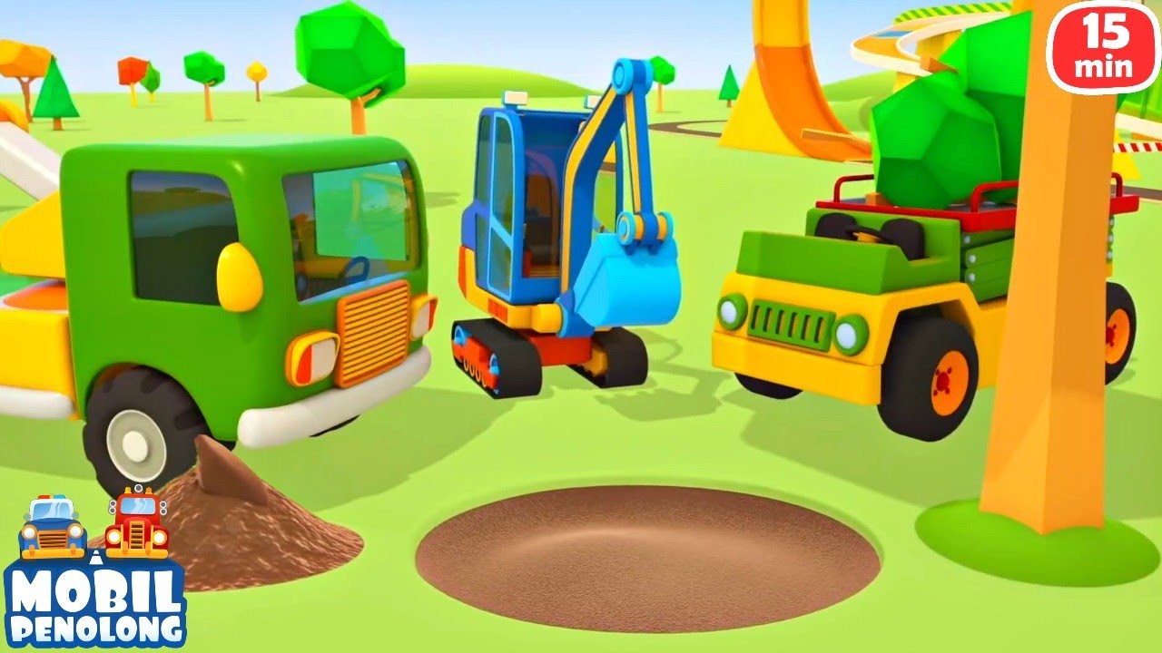 Mobil Penolong: truk kayu, excavator, dan truk penebang untuk anak